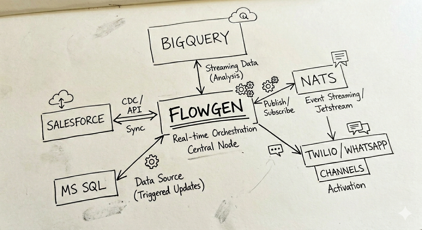 Flowgen WhatsApp orchestration architecture — BigQuery, Salesforce, MS SQL, NATS, Twilio